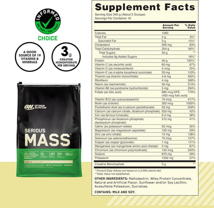 Optimum Nutrition Serious Mass Gainer Protein Powder, Banana, 12 Pound