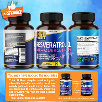 Vegatot NMN 3 in 1 High Strength Resveratrol 11500mg with NMN Quercetin Healthy Aging Immune Brain Boost Joint Support (90 Count (Pack of 1))