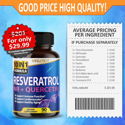 Vegatot NMN 3 in 1 High Strength Resveratrol 11500mg with NMN Quercetin Healthy Aging Immune Brain Boost Joint Support (90 Count (Pack of 1))