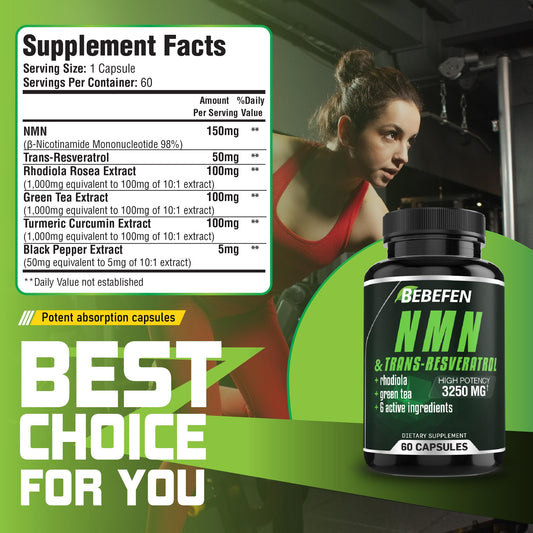 Bebefen NMN Supplement - 3250Mg with Trans-Resveratrol, Black Pepper. Nicotinamide Mononucleotide Capsules