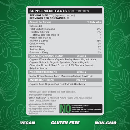 EHP Labs OxyGreens Daily Super Greens Powder - Green Superfood, Spirulina Herbal Supplement with Prebiotic Fibre, Alkalizing Antioxidants & Immunity Wellness, 30 Serves (Forest Berries)