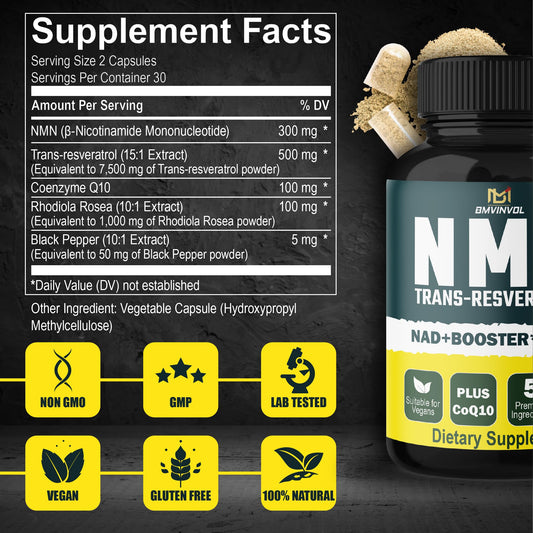 NMN Supplement 𝟖𝟗𝟓𝟎𝐦𝐠 - 𝟔𝟎 𝐂𝐚𝐩𝐬𝐮𝐥𝐞𝐬 with Coenzyme Q10, Rhodiola Rosea, Trans-Resveratrol, Black Pepper - Strong Formula for Immune System, Energy Production & Anti-Aging Support