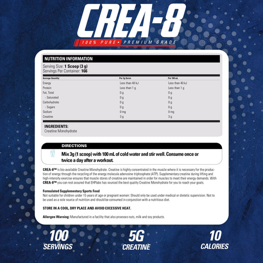 EHPlabs CREA-8 Creatine Monohydrate Powder - Creatine Powder for Building Lean Muscle Mass, Improves Strength & Power, Supports Brain Health - 100 Servings (500g)