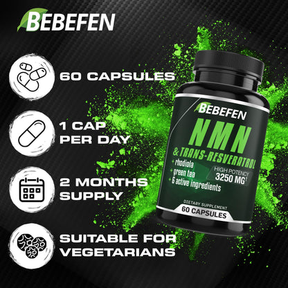 Bebefen NMN Supplement - 3250Mg with Trans-Resveratrol, Black Pepper. Nicotinamide Mononucleotide Capsules