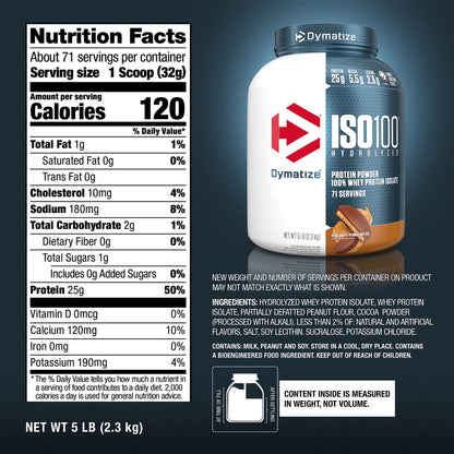 Dymatize ISO100 - 100% Hydrolyzed Whey Protein Isolate - Chocolate Peanut Butter, 5lbs/2.3kg