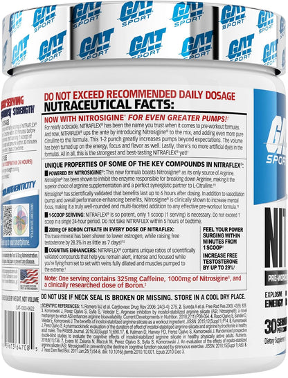 GAT Clinically Tested Nitraflex, Testosterone Enhancing Pre Workout, Blue Raspberry,300 Gram