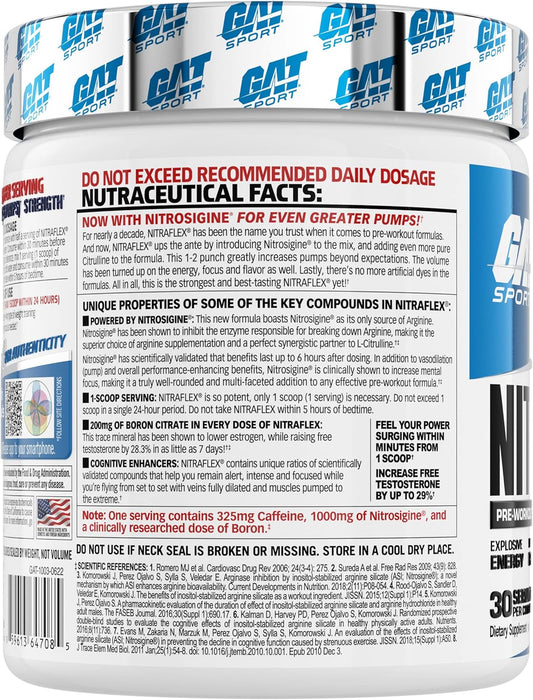 GAT Clinically Tested Nitraflex, Testosterone Enhancing Pre Workout, Blue Raspberry,300 Gram